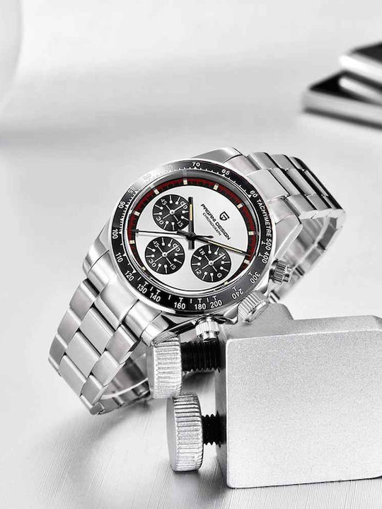 Pagani Design Ceas bărbătesc 40mm Cronograf cu Baterie și Brățară din Oțel White/panda