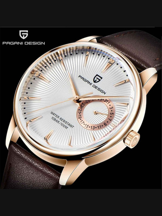 Pagani Design Vh65 Ceas bărbătesc 40mm cu baterie și curea din piele Gold/white/brown