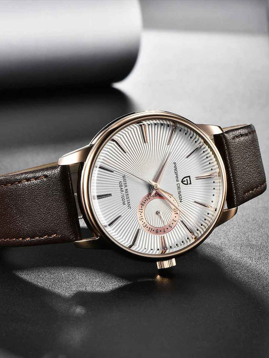 Pagani Design Vh65 Ceas bărbătesc 40mm cu baterie și curea din piele Gold/white/brown