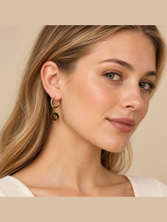 Cuoro Gold Plated Steel Hoop Earrings with Brown Stones