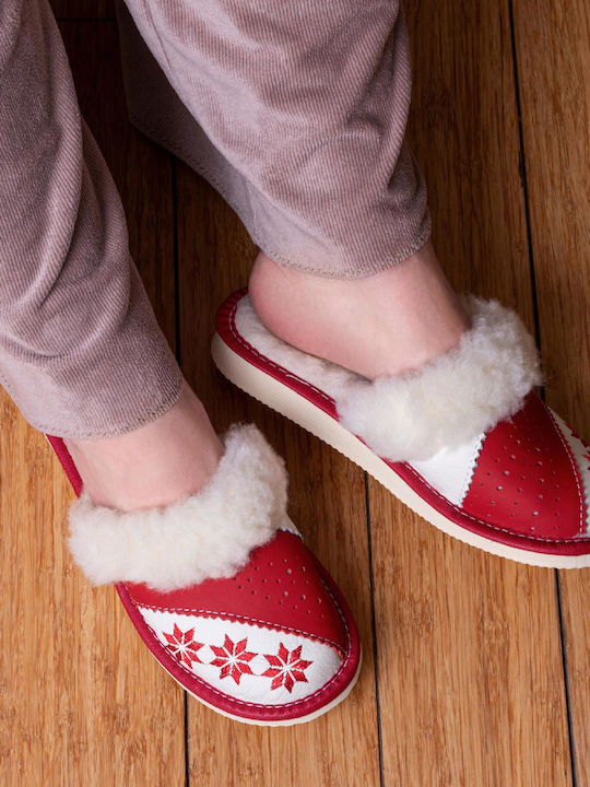 Leather Winter Women's Red Slippers
