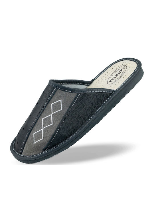Leather Men's Grey Slippers