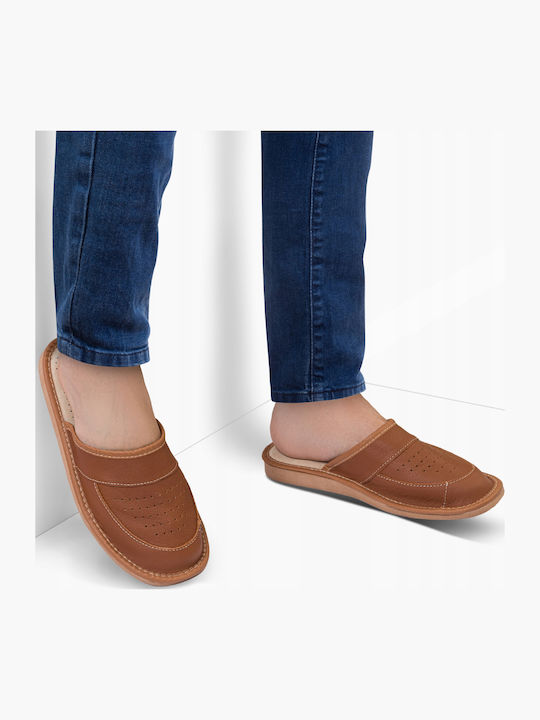 Memory Foam Leather Men's Brown Slippers