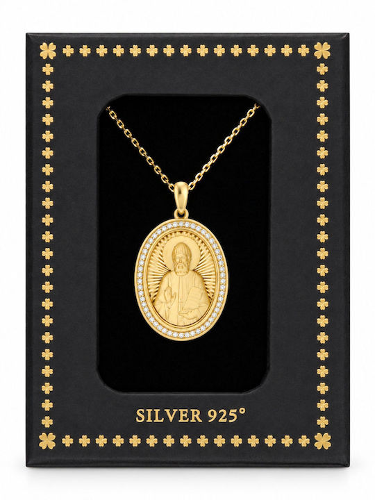 Ulysses Silver Pendant “Saint Paisios” Silver 925 14k Gold Plating Zircon Gold Plated Silver 925 Chain