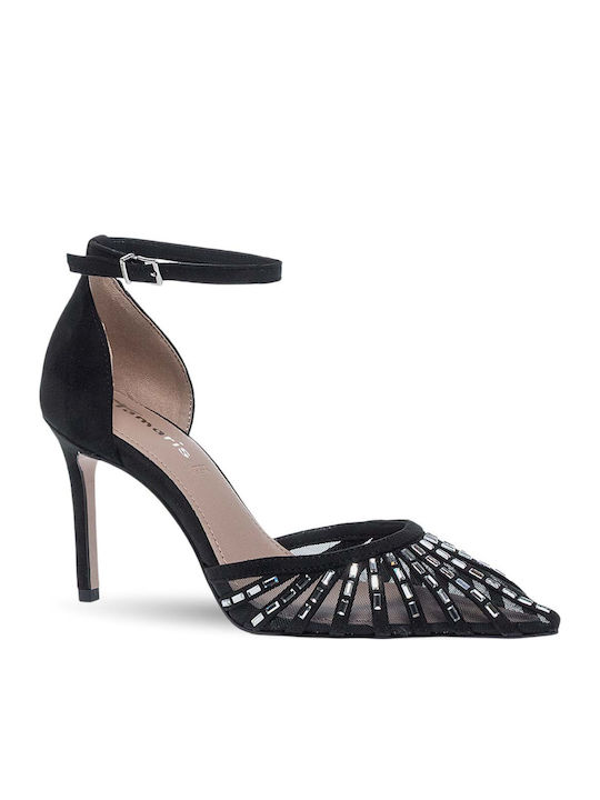 Synthetic Leather Pointed Toe Black High Heels with Strap