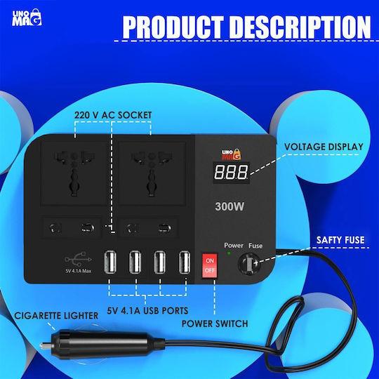 Portable Car Voltage Inverter Linomag 12v Dc To 220v Ac 300w Digital Display Universal Eu Uk Usa Au Outlets 4.1a Usb Overvoltage Protection Black