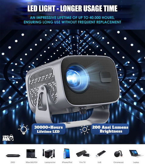 Linomag Мини Проектор LCD HD LED лампа с Wi-Fi и вградени високоговорители Сребрист