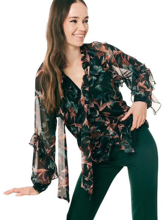 Forel Damen Bluse Langärmelig Blumen Schwarze
