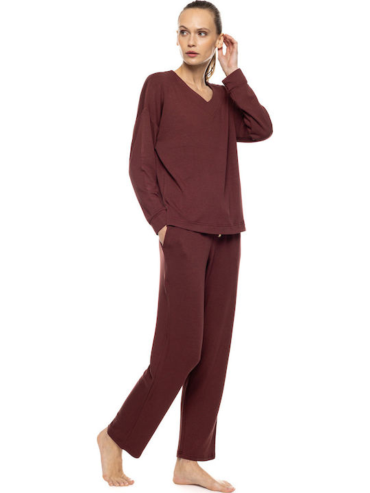 Pink Label Winter Damen Schlafanzug Set Bordeaux
