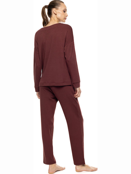 Pink Label Winter Damen Schlafanzug Set Bordeaux