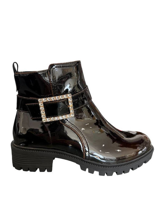 Damen Stiefeletten aus Lackleder mit mittlerem Absatz Burgundisch