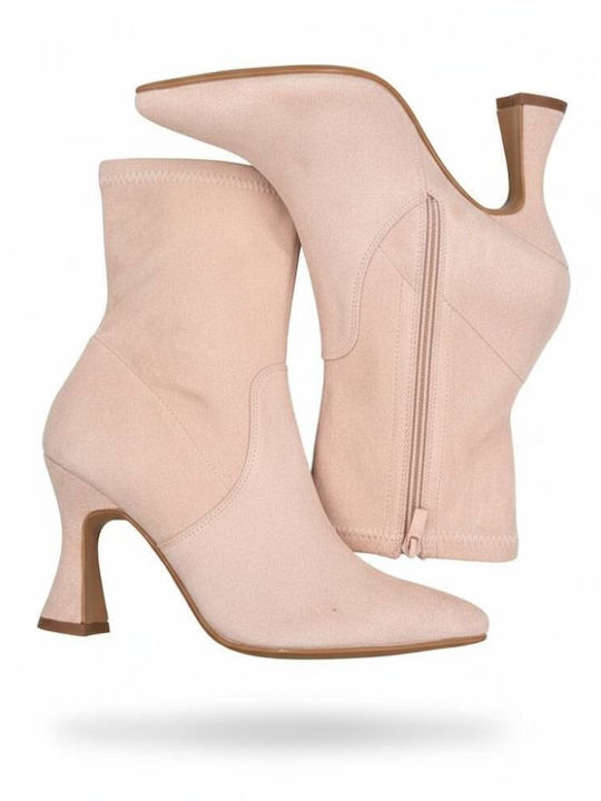 Wildleder Damen Stiefeletten mit Hohem Absatz Beiges