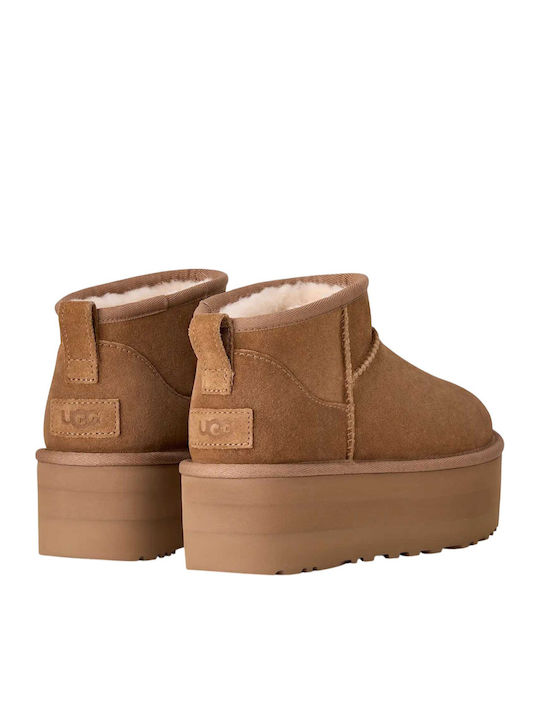 Classic Ultra Mini Platform Suede Women's Ankle Boots with Fur Brown