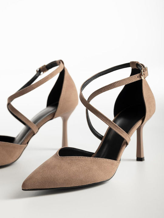 Wildleder Pumps mit Stiletto Absatz & Riemchen Braun