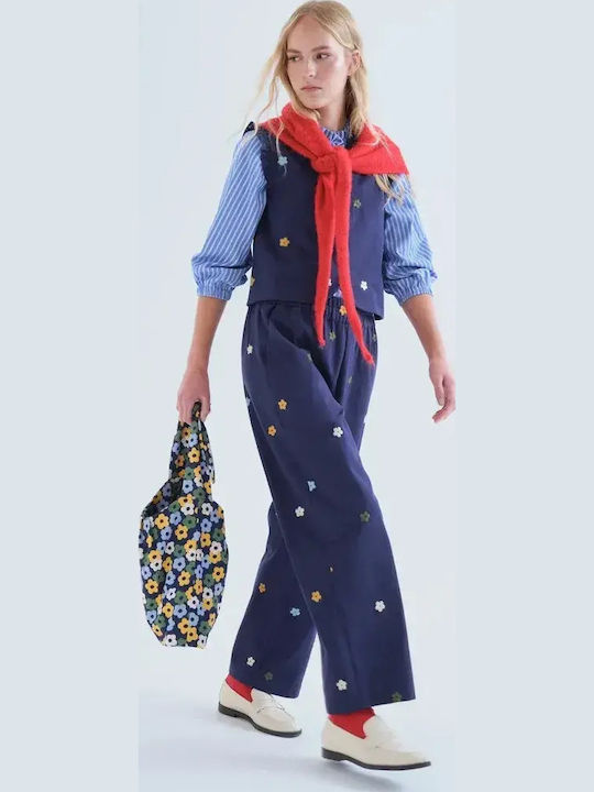 Women's Fabric Trousers with Elastic Floral Blue