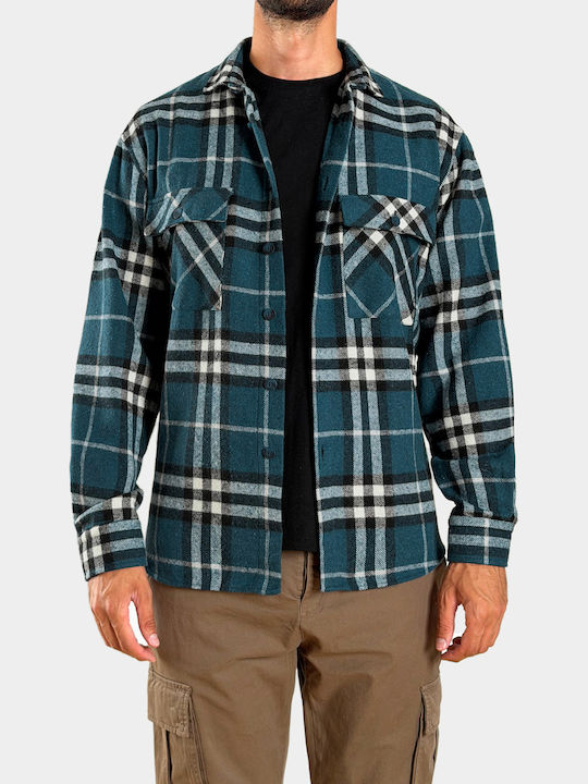 Long Sleeve Flannel Overshirt in Regular Fit Checked Petrol Blue