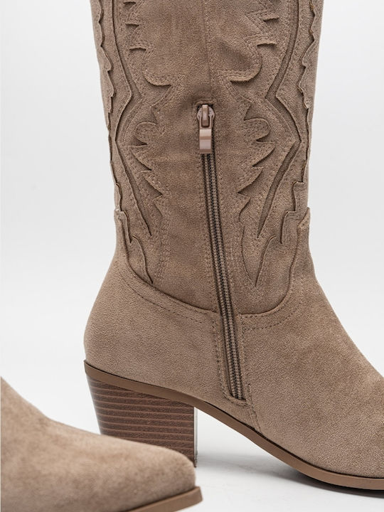 Suede Women's Cowboy Boots Beige