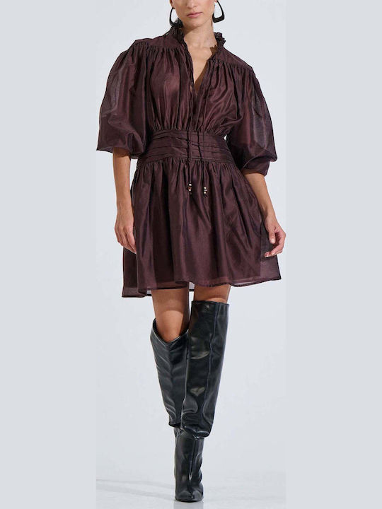 Summer Shirt Dress with Ruffles Brown