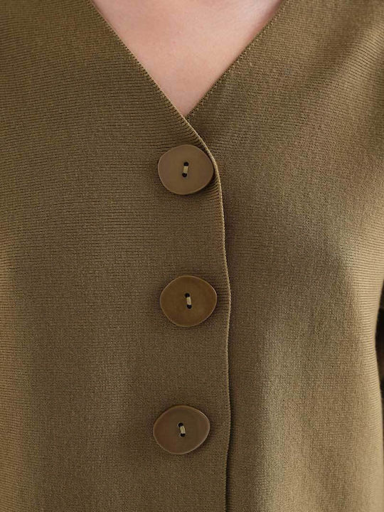 Lange Gestrickte Damen Strickjacke mit Knöpfen Olive