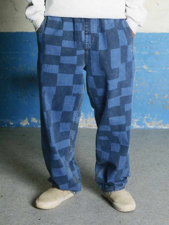 Pantaloni de Blugi pentru Bărbați Loose Tapered Fit Albastru în Carouri