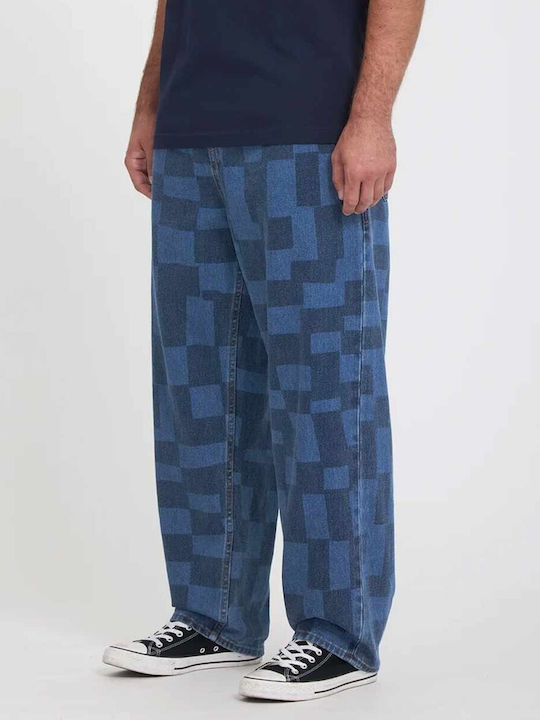 Pantaloni de Blugi pentru Bărbați Loose Tapered Fit Albastru în Carouri