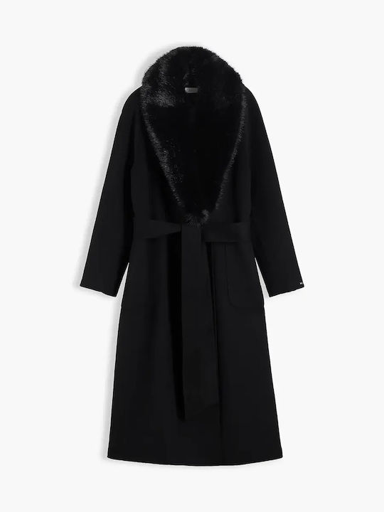 Wool Women's Coat Black Oversized with Fur Details
