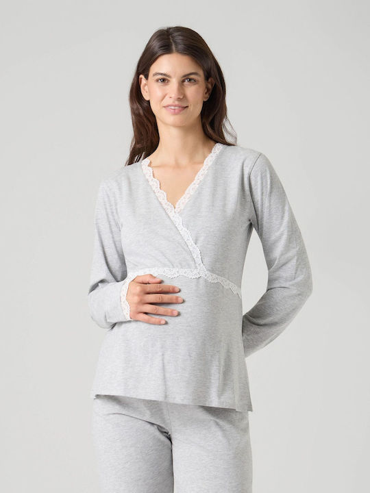 Prenatal Σετ Πιτζάμες Εγκυμοσύνης & Θηλασμού σε Γκρι χρώμα