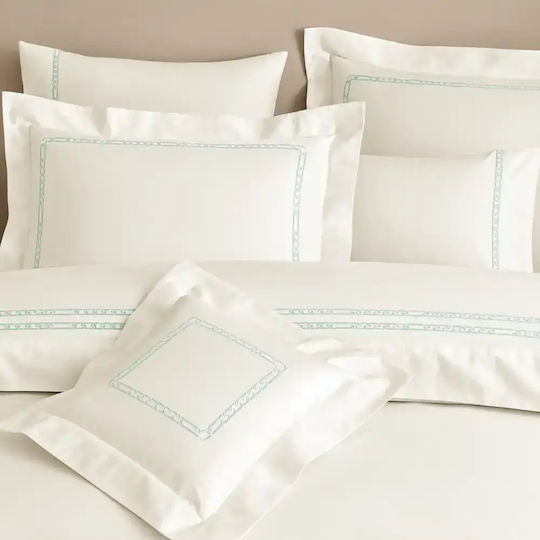 Valeron Set Huse Pentru Pilote 200x220cm Dublu Cu 4 Fețe De Pernă Și 1 Cearșaf Ecru/Verde-Albăstrui