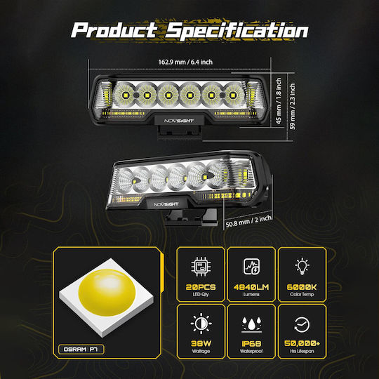 Водоустойчива Алуминиева LED Лента за Разсейване 16.3cm 38w 12-24v 4840lm 6000k Студено Бяло Оранжево Ip68 A500-wl3y-6fd Novsight