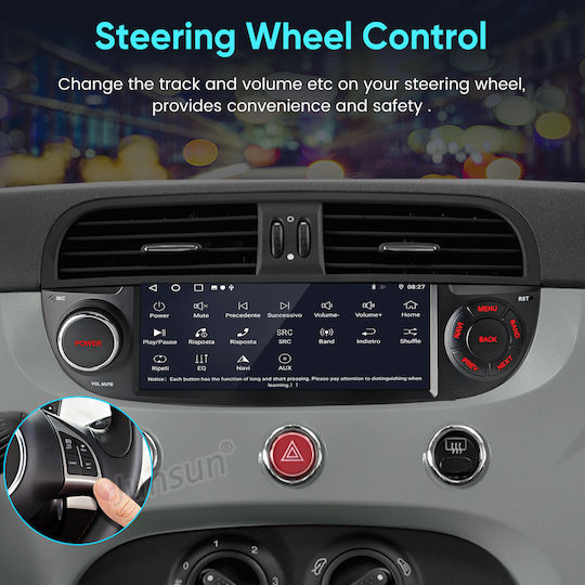 Junsun 6 86" Android 15 Multimedia 2gb/64gb Fiat 500 2007-2015 Ασύρματο Carplay Android Auto Gps Dsp Μαύρος