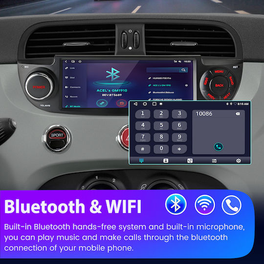 Junsun 6 86" Android 15 Multimedia 2gb/64gb Fiat 500 2007-2015 Ασύρματο Carplay Android Auto Gps Dsp Μαύρος