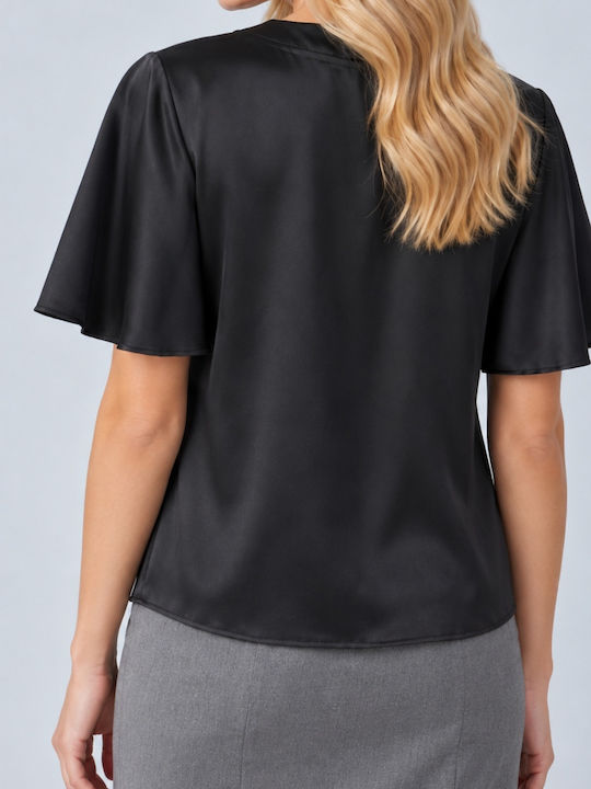 Bluza Damă Crop Top Satin Cu Decolteu În V Neagră