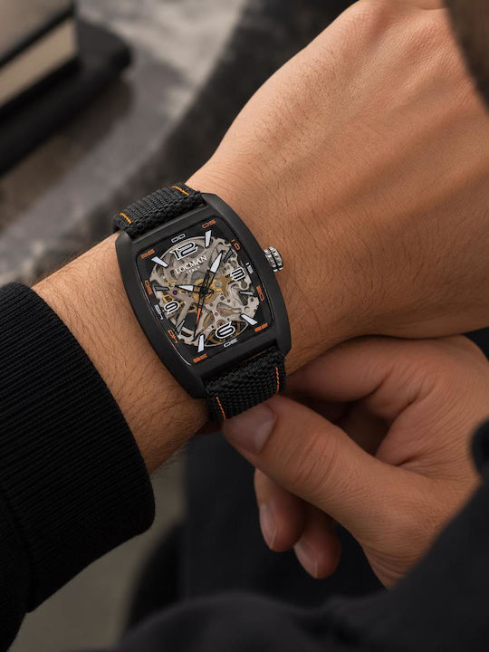 Locman Italy Sport Skeleton 37x46.8mm PVD Black Movement Swiss Three Hands Automatic Dial Transparent Deflector Strap Black Cordura