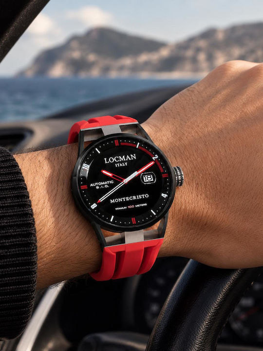 Locman Italy Montecristo Pvd Black 44mm Movement S.I.O 1 Three Hands Automatic Dial Sunray Black Strap Red Silicone