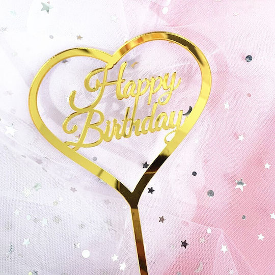 Decoratiune Cake Topper Flippy Formă Inimă Scrisuri La Mulți Ani Temă Aniversare Aurie