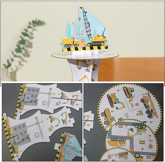 Stand Pentru Tort Flippy Din Carton 3 Niveluri Diametru 16 22 29 Cm Înălțime 38 Cm Temă Utilaje De Construcții Multicolor