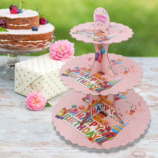 Stand Pentru Dulciuri Din Carton Flippy Cu 3 Nivele Diametru 16 22 29 Cm Înălțime 38 Cm Temă Happy Birthday Roz