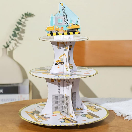 Stand Pentru Tort Flippy Din Carton 3 Niveluri Diametru 16 22 29 Cm Înălțime 38 Cm Temă Utilaje De Construcții Multicolor