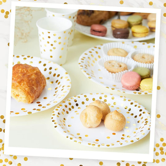 Set 10 Farfurii De Unică Folosință Flippy Cu Buline Din Carton Diametru 23 Cm Alb Auriu
