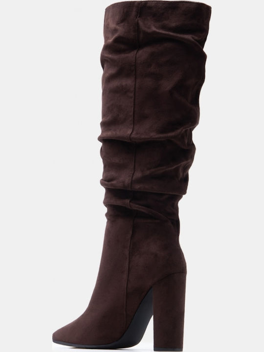 Suede Women's Boots with High Heel Brown