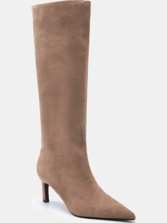 Suede Women's Boots with Mid Heel Beige
