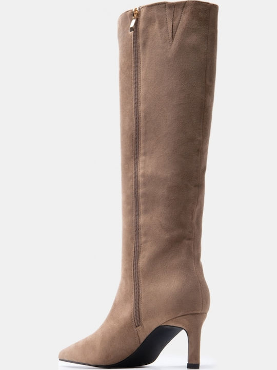 Suede Women's Boots with Mid Heel Beige