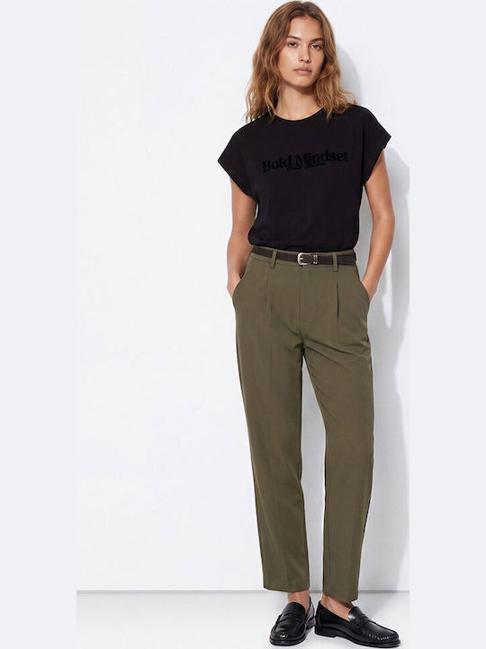 Damen Hochbund Leder Hose in Verjüngt Bein Stil in Khaki