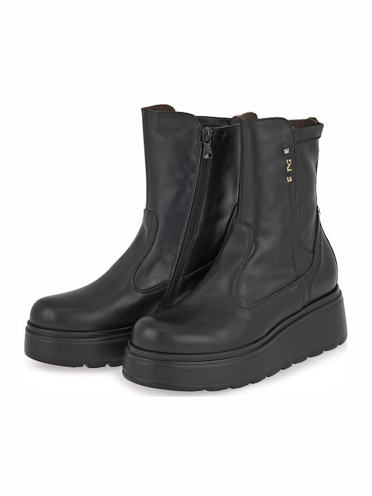 Leather Women's Ankle Boots with Mid Heel Black