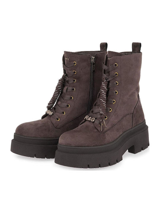 Suede Women's Combat Boots with Mid Heel Brown