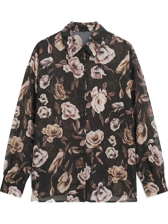 Langärmeliges Damenhemd Schwarz-Beige Blumen 64-7061-0035-Schwarz