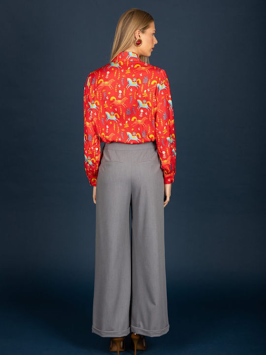 Langärmeliges Damenhemden Satin Rot