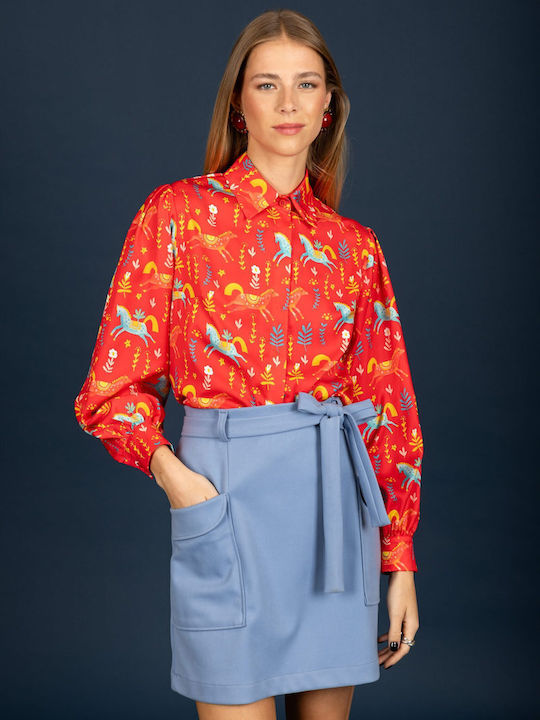 Langärmeliges Damenhemden Satin Rot