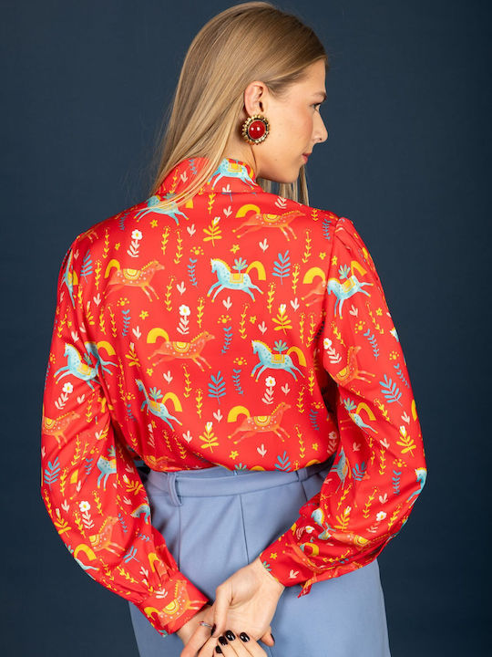 Langärmeliges Damenhemden Satin Rot