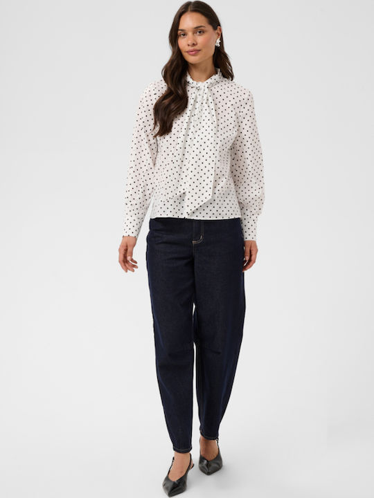 Langärmeliges Damenhemd Weiß Mit Schwarz Polka Dot Polka Dot